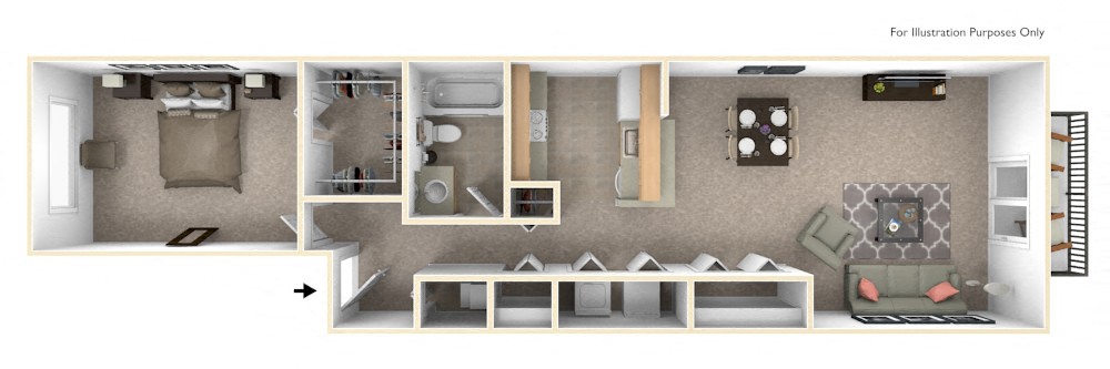 Floor plan for 1 bed, 1 bath, 745 sqft